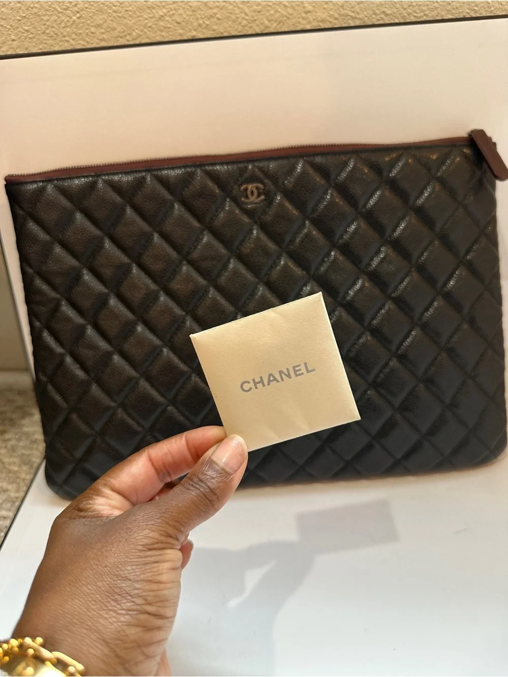 Chanel Large O-Case Black Caviar Leather Quilted Zip Pouch Burgundy Interior